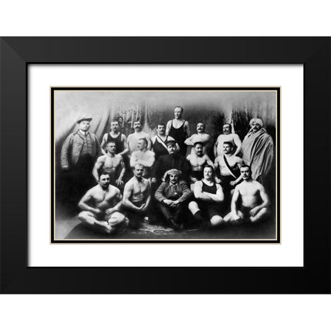 Group of Russian Wrestlers Black Modern Wood Framed Art Print with Double Matting by Vintage Wrestler