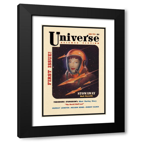 Universe Science Fiction: Rocket Girl Black Modern Wood Framed Art Print with Double Matting by Retrosci-fi
