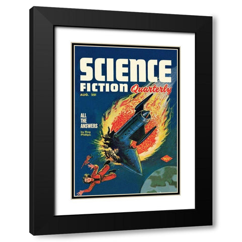 Science Fiction Quarterly: Comet Crashes into Rocket Black Modern Wood Framed Art Print with Double Matting by Retrosci-fi