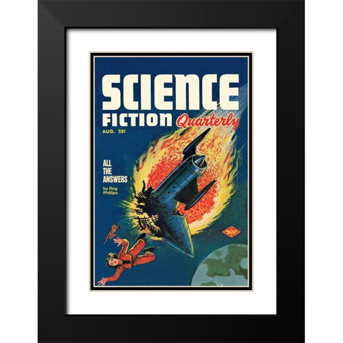 Science Fiction Quarterly: Comet Crashes into Rocket Black Modern Wood Framed Art Print with Double Matting by Retrosci-fi