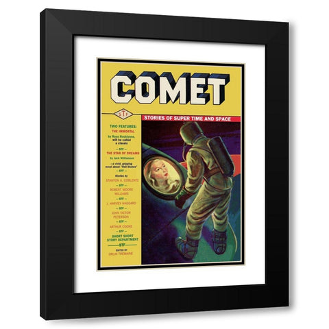Comet: Beautiful Woman in Rocket Window Black Modern Wood Framed Art Print with Double Matting by Retrosci-fi