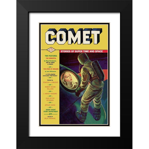 Comet: Beautiful Woman in Rocket Window Black Modern Wood Framed Art Print with Double Matting by Retrosci-fi
