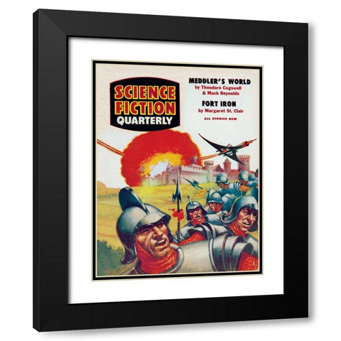 Science Fiction Quarterly: Spaceship Attack on Medieval Fortress Black Modern Wood Framed Art Print with Double Matting by Retrosci-fi