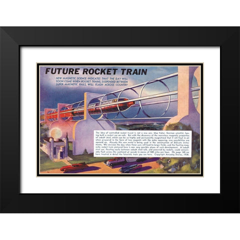 Future Rocket Train Black Modern Wood Framed Art Print with Double Matting by Retrosci-fi
