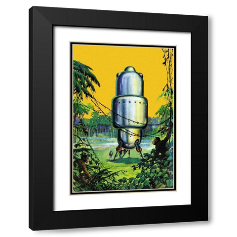 Spaceship in the Jungle Black Modern Wood Framed Art Print with Double Matting by Retrosci-fi