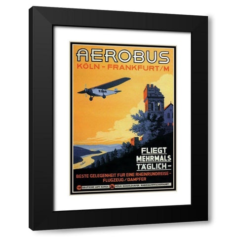 Cologne Frankfurt Aerobus and Rhine Castle Black Modern Wood Framed Art Print with Double Matting by Siegwardt, K.