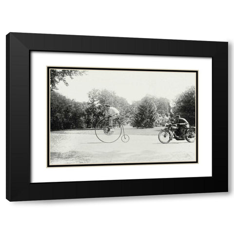 Motorcycle cop chases a Penny Farthing Velocipede Black Modern Wood Framed Art Print with Double Matting by Unknown