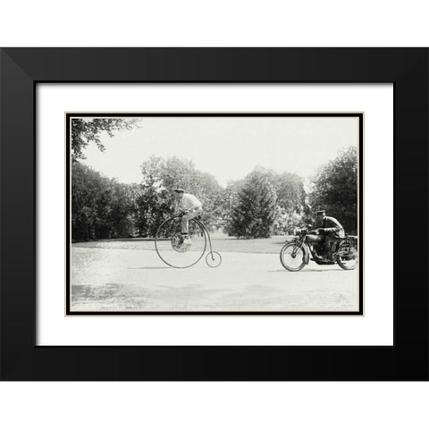 Motorcycle cop chases a Penny Farthing Velocipede Black Modern Wood Framed Art Print with Double Matting by Unknown