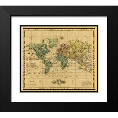 World on Mercators Projection, 1823 - Tea Stained Black Modern Wood Framed Art Print with Double Matting by Tanner, Henry