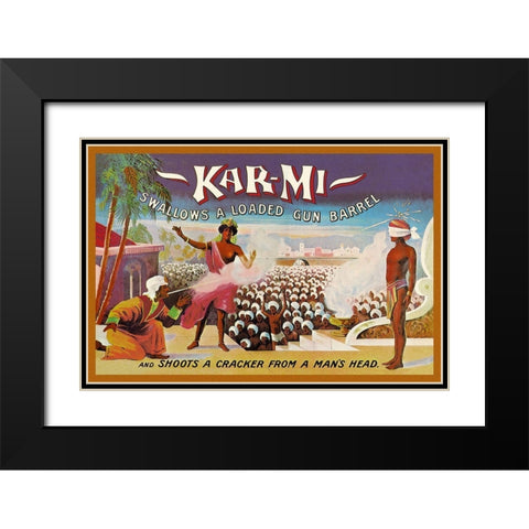 Magicians: Kar-Mi Swallows a Loaded Gun Barrel and Shoots a Cracker from a Mans Head Black Modern Wood Framed Art Print with Double Matting by Hallworth, Joseph B.