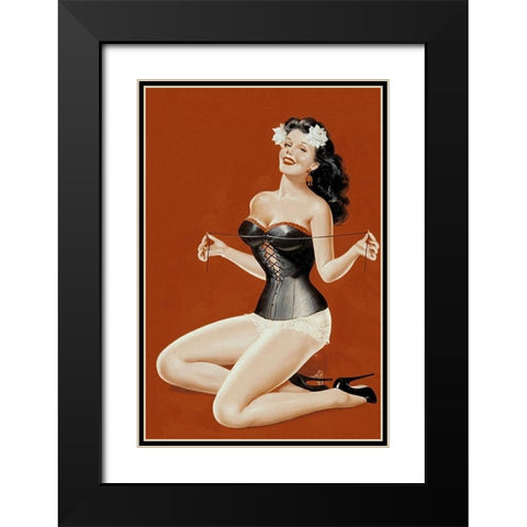 Mid-Century Pin-Ups - Lacing her bra Black Modern Wood Framed Art Print with Double Matting by Driben, Peter