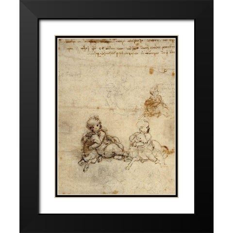 Studies for the Christ Child with a Lamb (recto) Black Modern Wood Framed Art Print with Double Matting by Da Vinci, Leonardo