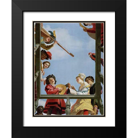 Musical Group on a Balcony Black Modern Wood Framed Art Print with Double Matting by Van Honthorst, Gerrit