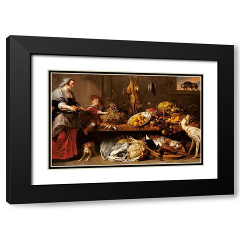 Kitchen Still Life with a Maid and Young Boy Black Modern Wood Framed Art Print with Double Matting by Snyders, Frans