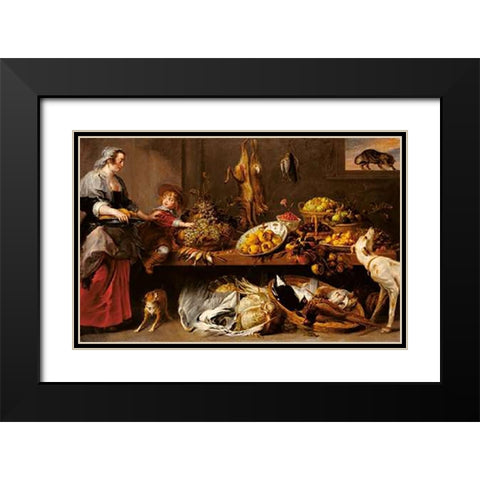Kitchen Still Life with a Maid and Young Boy Black Modern Wood Framed Art Print with Double Matting by Snyders, Frans