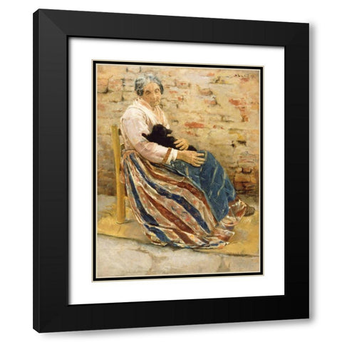 An Old Woman with Cat Black Modern Wood Framed Art Print with Double Matting by Liebermann, Max