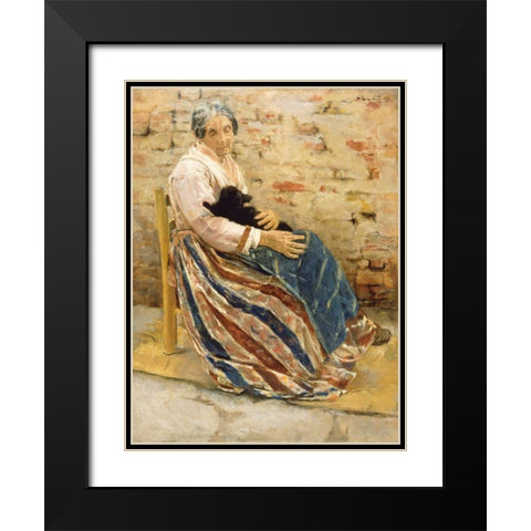 An Old Woman with Cat Black Modern Wood Framed Art Print with Double Matting by Liebermann, Max