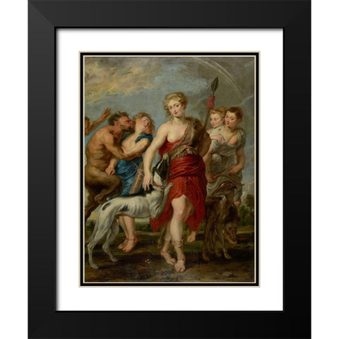 Diana and Her Nymphs on the Hunt Black Modern Wood Framed Art Print with Double Matting by Peter Paul Rubens, Workshop of