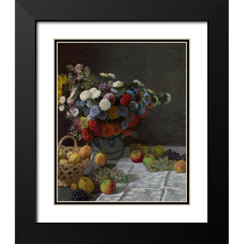 Still Life with Flowers and Fruit Black Modern Wood Framed Art Print with Double Matting by Monet, Claude