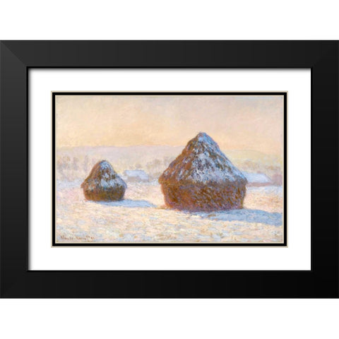 Wheatstacks, Snow Effect, Morning - Meules, Effet de Neige, Le Matin Black Modern Wood Framed Art Print with Double Matting by Monet, Claude