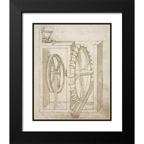 Folio 14: mill with undershot water wheel Black Modern Wood Framed Art Print with Double Matting by Martini, Francesco di