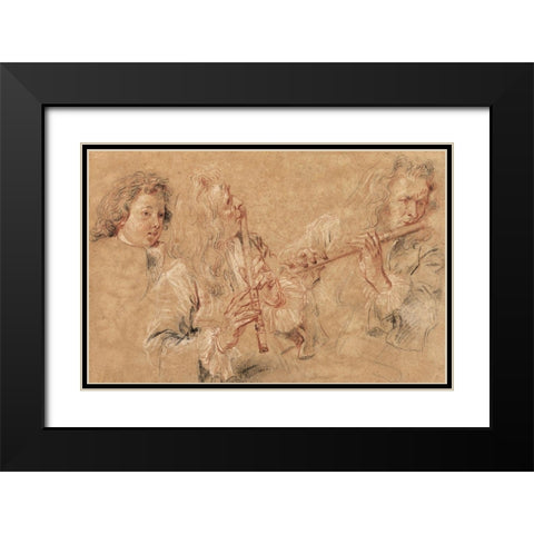 Two Studies of a Flutist and a Study of the Head of a Boy Black Modern Wood Framed Art Print with Double Matting by Watteau, Jean-Antoine