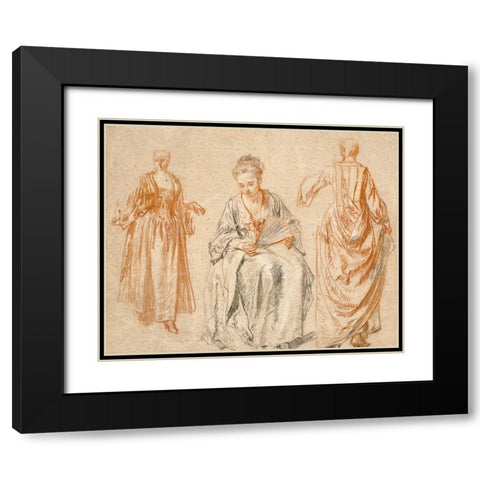 Studies of Three Women Black Modern Wood Framed Art Print with Double Matting by Watteau, Jean-Antoine