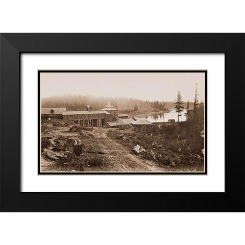 Oswego Iron Works, Willamette River, Oregon, 1867 Black Modern Wood Framed Art Print with Double Matting by Watkins, Carleton