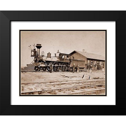 Wyoming Station, Engine 23 on Main Track, May 1868 Black Modern Wood Framed Art Print with Double Matting by Russell, A.J.