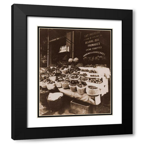 Rue Sainte-Opportune - Produce Display, rue Sainte-Opportune. Sepia Black Modern Wood Framed Art Print with Double Matting by Atget, Eugene