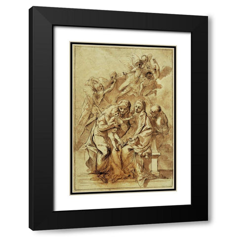 Holy Family with Saint Anne (recto); Figure Sketches (verso) Black Modern Wood Framed Art Print with Double Matting by Testa, Pietro