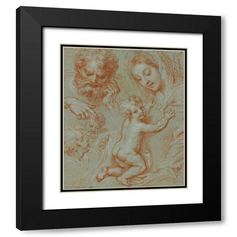 Studies of the Madonna and Child and of Heads (recto); Madonna and Child with Saint John Seated in a Black Modern Wood Framed Art Print with Double Matting by Corneille, Michel