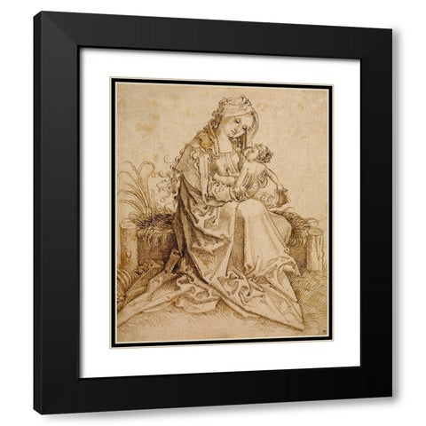 The Virgin and Child on a Grassy Bench Black Modern Wood Framed Art Print with Double Matting by Unknown