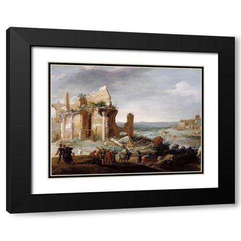 Moses and Aaron Changing the Rivers of Egypt to Blood Black Modern Wood Framed Art Print with Double Matting by Breenbergh, Bartholomeus