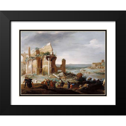 Moses and Aaron Changing the Rivers of Egypt to Blood Black Modern Wood Framed Art Print with Double Matting by Breenbergh, Bartholomeus