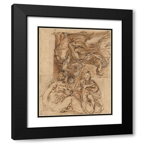 Two Studies for a Holy Family Black Modern Wood Framed Art Print with Double Matting by Parmigianino