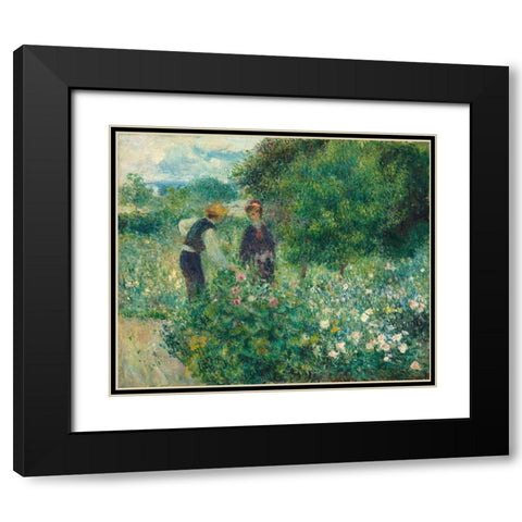 Picking Flowers Black Modern Wood Framed Art Print with Double Matting by Renoir, Pierre-Auguste