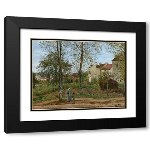 Houses at Bougival (Autumn) Black Modern Wood Framed Art Print with Double Matting by Pissarro, Camille