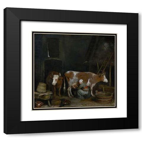 A Maid Milking a Cow in a Barn Black Modern Wood Framed Art Print with Double Matting by Ter Borch, Gerard