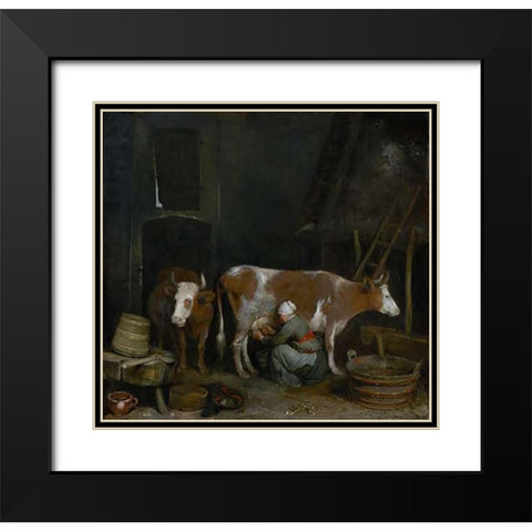 A Maid Milking a Cow in a Barn Black Modern Wood Framed Art Print with Double Matting by Ter Borch, Gerard