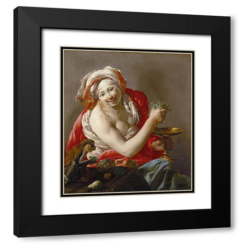 Bacchante with an Ape Black Modern Wood Framed Art Print with Double Matting by Ter Brugghen, Hendrick