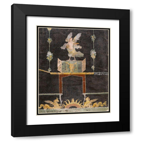 Wall fragment with Siren, Sea Monsters and Niche on Black Ground Black Modern Wood Framed Art Print with Double Matting by Artisan, Unknown 1st Century Roman