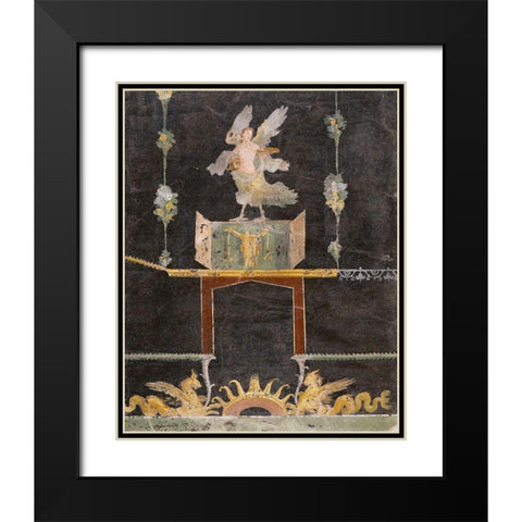 Wall fragment with Siren, Sea Monsters and Niche on Black Ground Black Modern Wood Framed Art Print with Double Matting by Artisan, Unknown 1st Century Roman