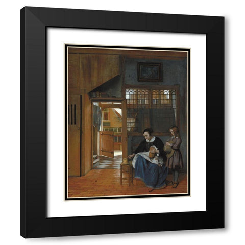 A Woman Preparing Bread and Butter for a Boy Black Modern Wood Framed Art Print with Double Matting by de Hooch, Pieter