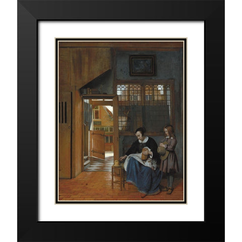 A Woman Preparing Bread and Butter for a Boy Black Modern Wood Framed Art Print with Double Matting by de Hooch, Pieter