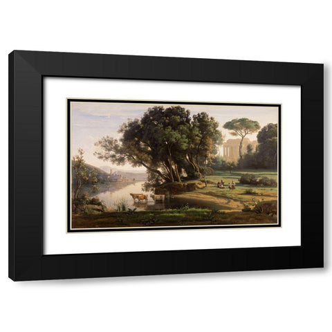 Italian Landscape (Soleil Levant) Black Modern Wood Framed Art Print with Double Matting by Corot, Jean-Baptiste-Camille