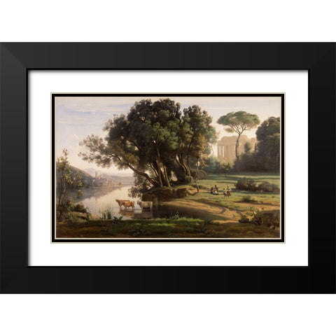 Italian Landscape (Soleil Levant) Black Modern Wood Framed Art Print with Double Matting by Corot, Jean-Baptiste-Camille