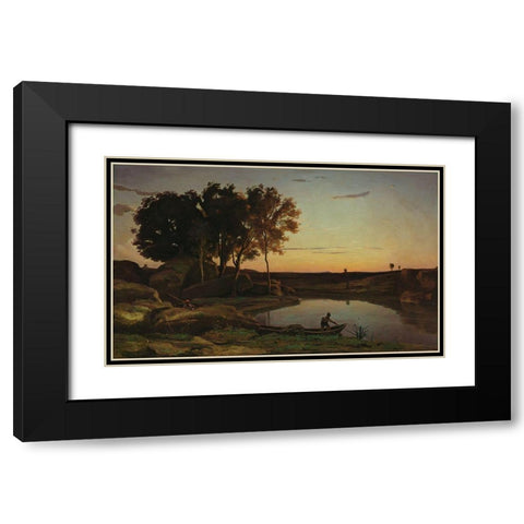 Landscape with Lake and Boatman Black Modern Wood Framed Art Print with Double Matting by Corot, Jean-Baptiste-Camille