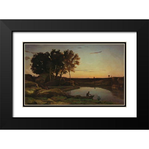 Landscape with Lake and Boatman Black Modern Wood Framed Art Print with Double Matting by Corot, Jean-Baptiste-Camille