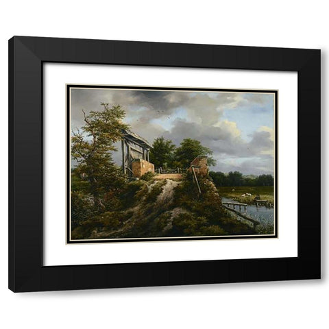 Bridge with a Sluice Black Modern Wood Framed Art Print with Double Matting by Van Ruisdael, Jacob